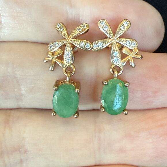 Unbranded Jewelry - Sterling Silver 925 Gold Vermeil Green Emerald Pierced Dangle Earrings